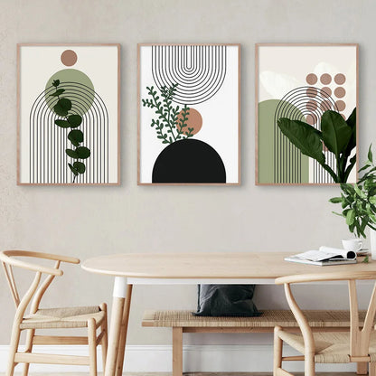 3Pcs Modern Abstract Green Plants Leaf Sun Lines Wall Boho Art Canvas Painting Posters Prints Pictures Living Room Decor Gifts