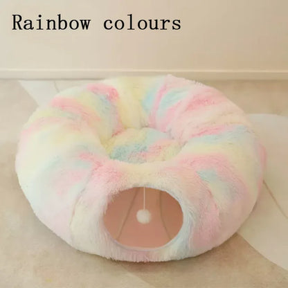 2 in 1 round Cat Beds House Funny Cat Tunnel Toy Soft Long Plush Dog Bed for Small Dogs Basket Kittens Bed Mat Kennel Deep Sleep