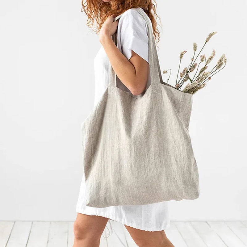 French Dew Retting Linen 100% Pure Hemp Supermarket Environmental Cloth Bag Carrier Foldable Portable Shopping Bag Women