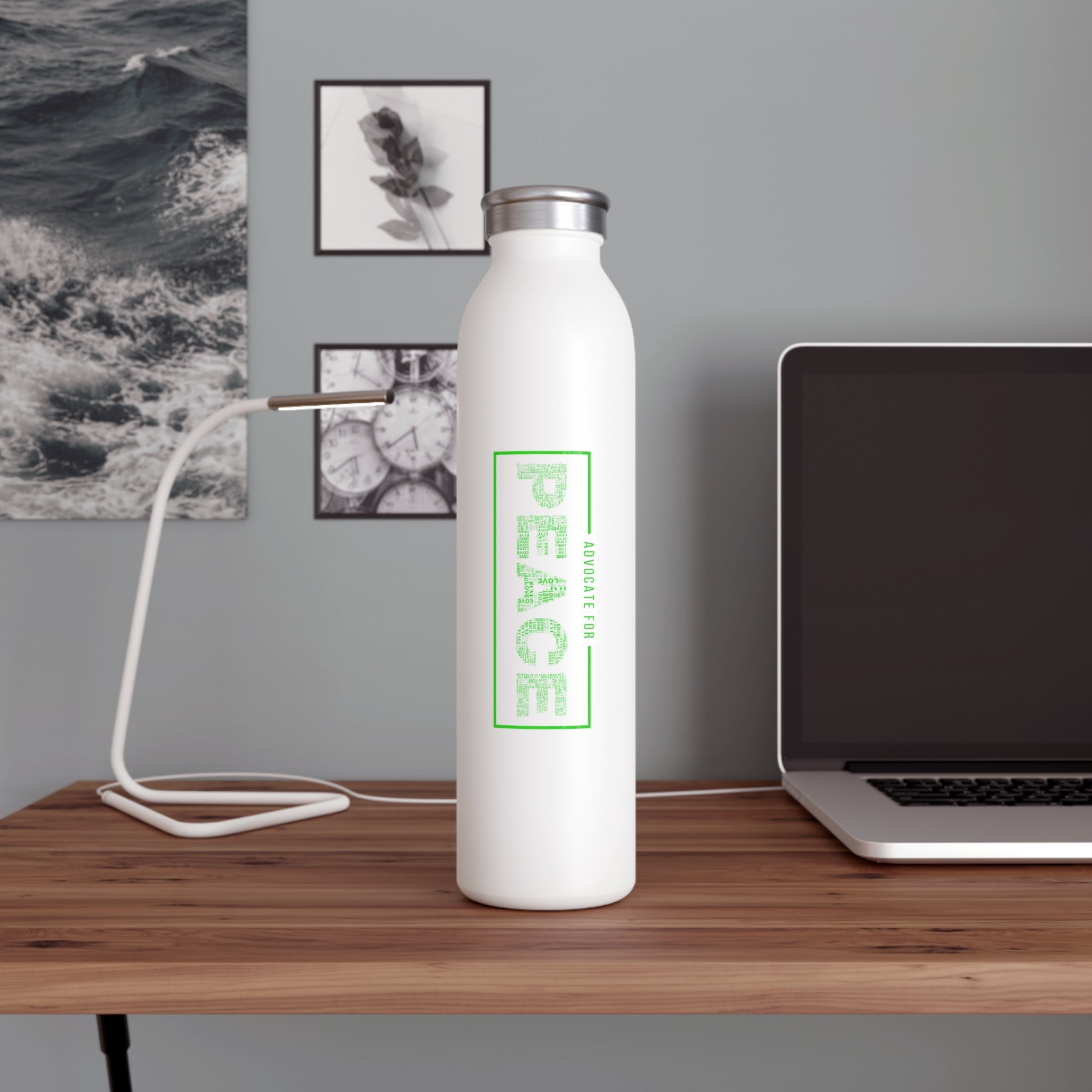 Slim Water Bottle, &quot;Advocate for Peace&quot; White