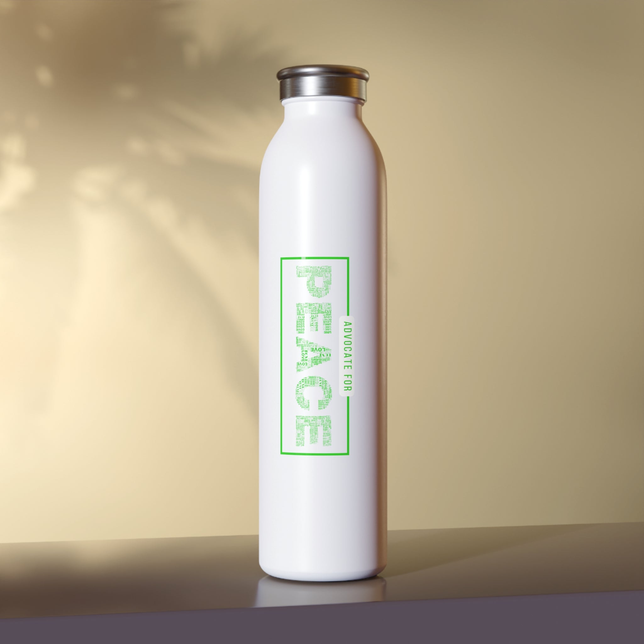 Slim Water Bottle, &quot;Advocate for Peace&quot; White