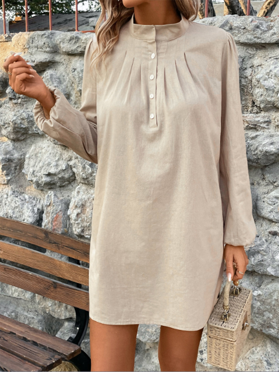 Half Button Mock Neck Long Sleeve Mini Shirt Dress