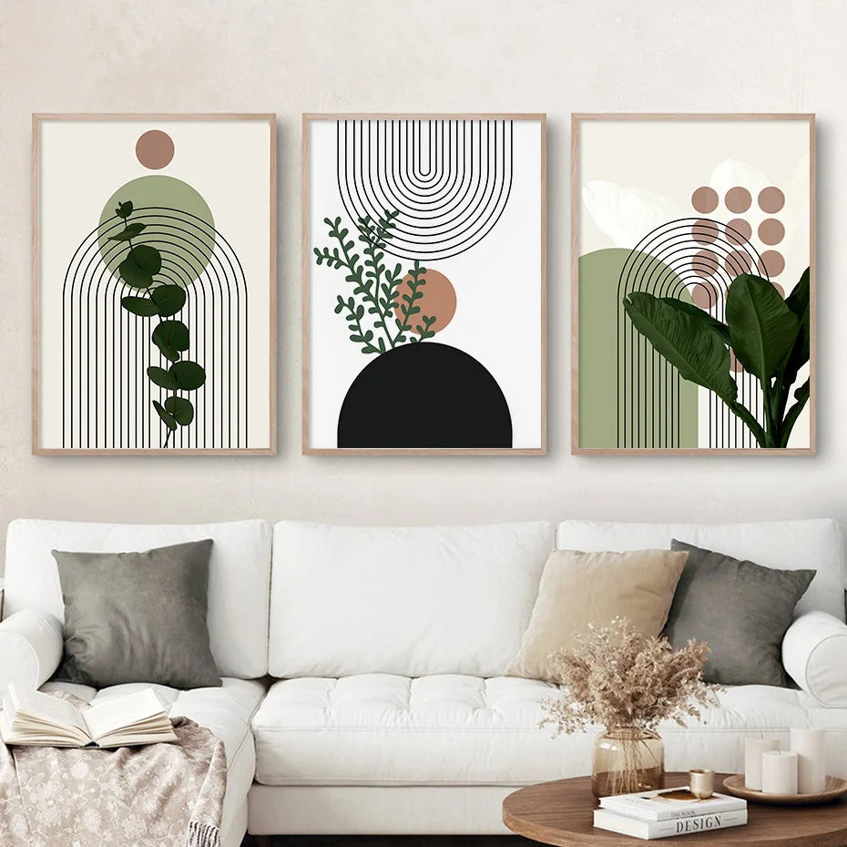 3Pcs Modern Abstract Green Plants Leaf Sun Lines Wall Boho Art Canvas Painting Posters Prints Pictures Living Room Decor Gifts