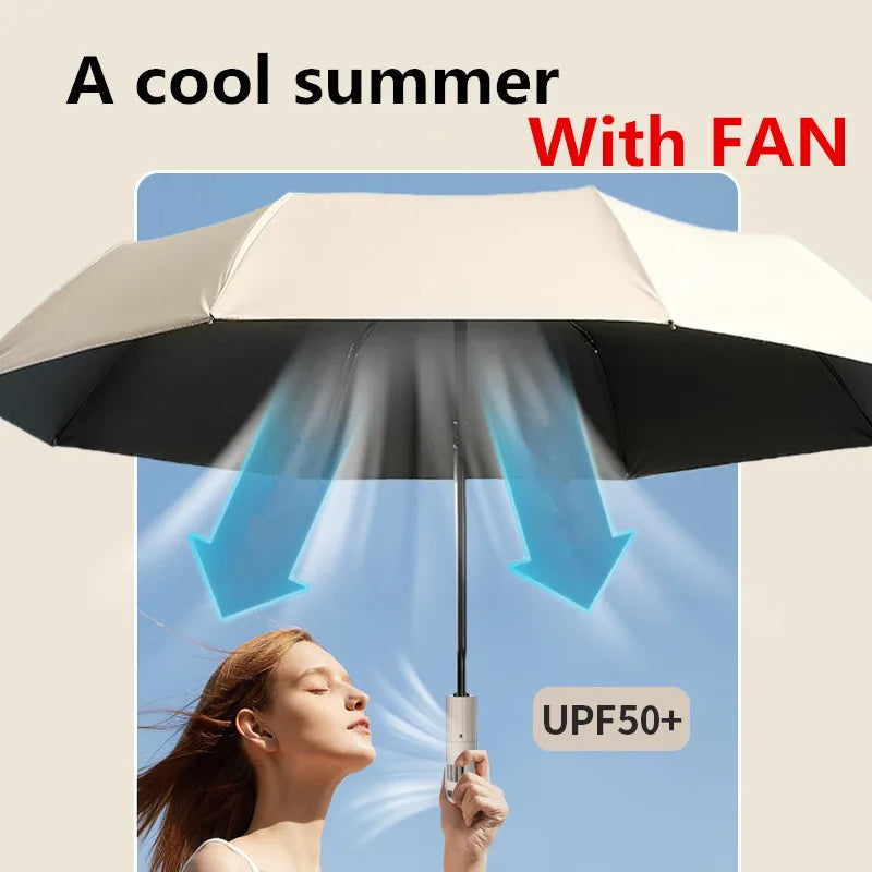 Latest Summer Umbrella with Fan USB Charge Folding Cool Ultra-Light Parasol Black Coating Umbrellas with Gift Box UPF 50+