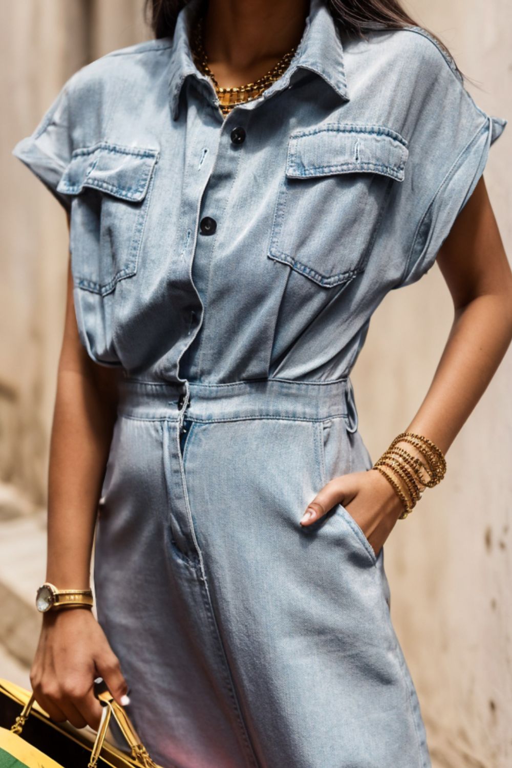 Slit Pocketed Half Button Denim Dress