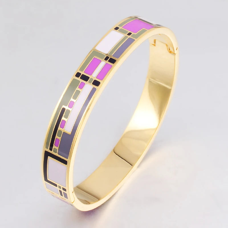 Gold plated Enamel Bracelet Bangle, Geometric design, Pink / Grey 10 mm