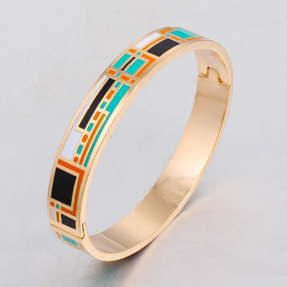 Geometric Gold plated Enamel Bracelet Bangle, Orange / Green 10 mm