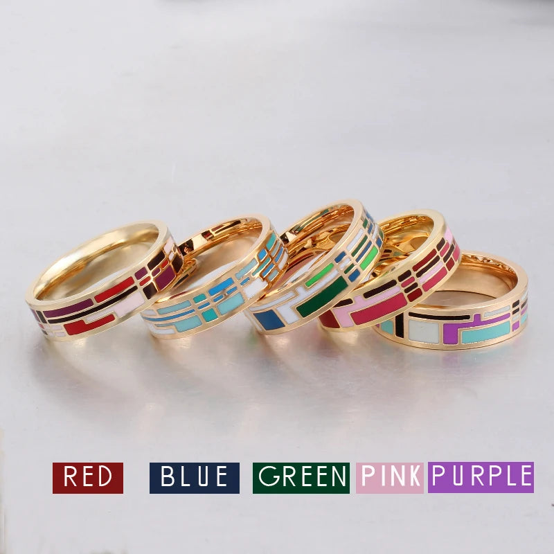 Multicolor Gold-plated Enamel Ring, Green 6mm