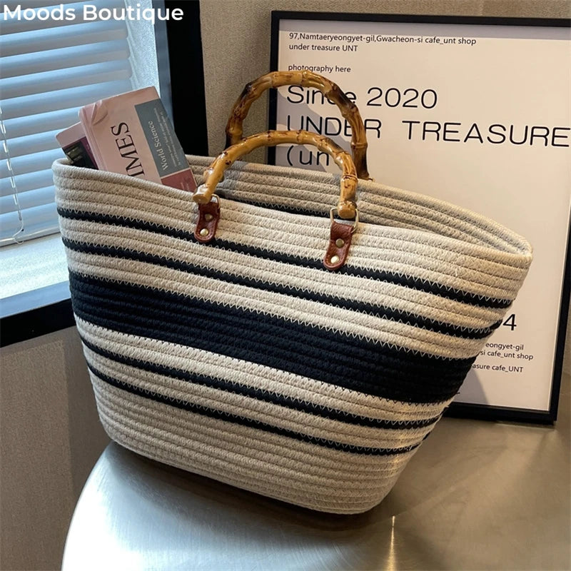 MOODS Straw Beach Handbags Rattan Large Capacity Shopper Totes