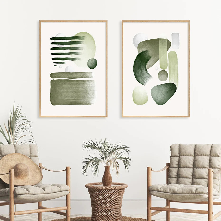 Abstract Green Geometric Brush Watercolor Boho Posters Canvas Painting Wall Art Print Picture Living Room Interior Home Decor