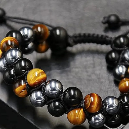 Tiger Eye Stone Bracelet 8Mm Natural Black Obsidian Hematite for Men Women Good Luck Beads Triple Protection Braided Jewelry