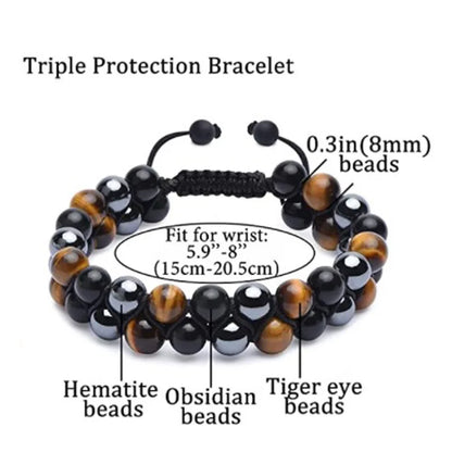 Tiger Eye Stone Bracelet 8Mm Natural Black Obsidian Hematite for Men Women Good Luck Beads Triple Protection Braided Jewelry