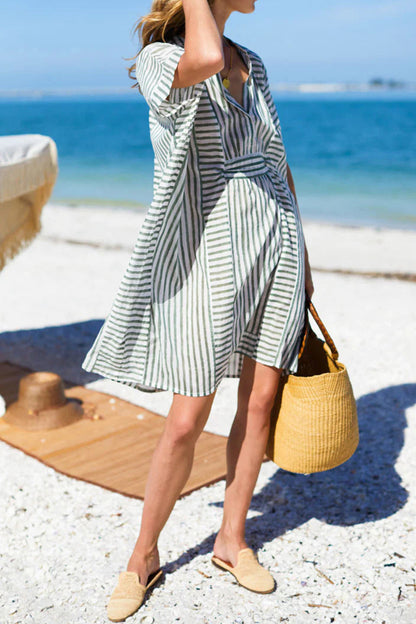 Striped Notched Short Sleeve Mini Dress