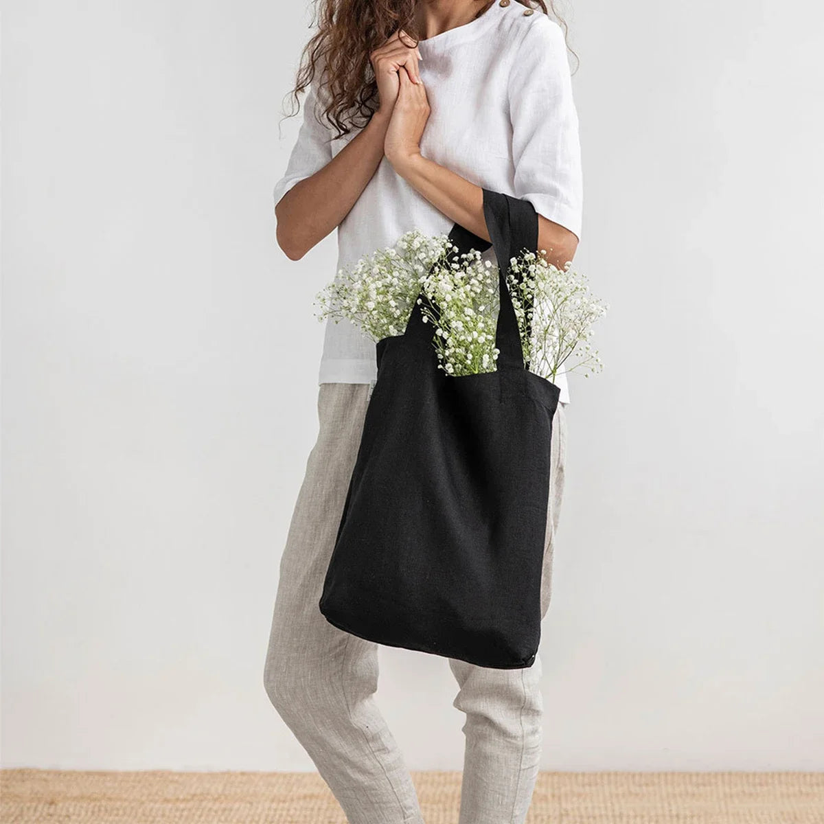 French Dew Retting Linen 100% Pure Hemp Supermarket Environmental Cloth Bag Carrier Foldable Portable Shopping Bag Women